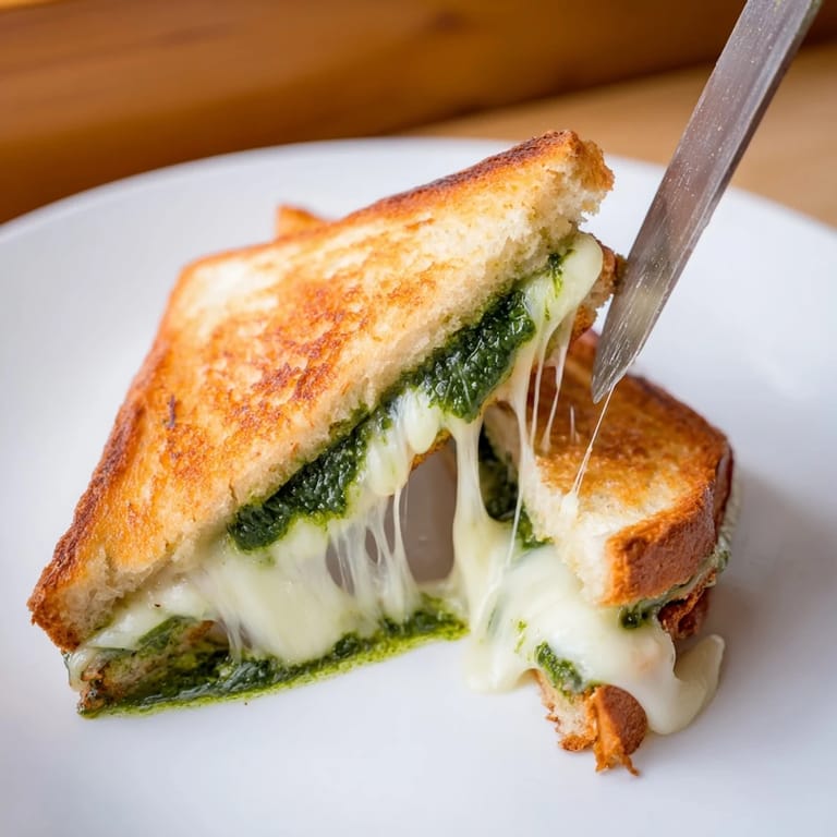 Two warm Spinach Pesto Grilled Cheese halves stacked, showcasing gooey melted cheese and garlicky pesto on buttery sourdough, perfect for a quick vegetarian lunch.
