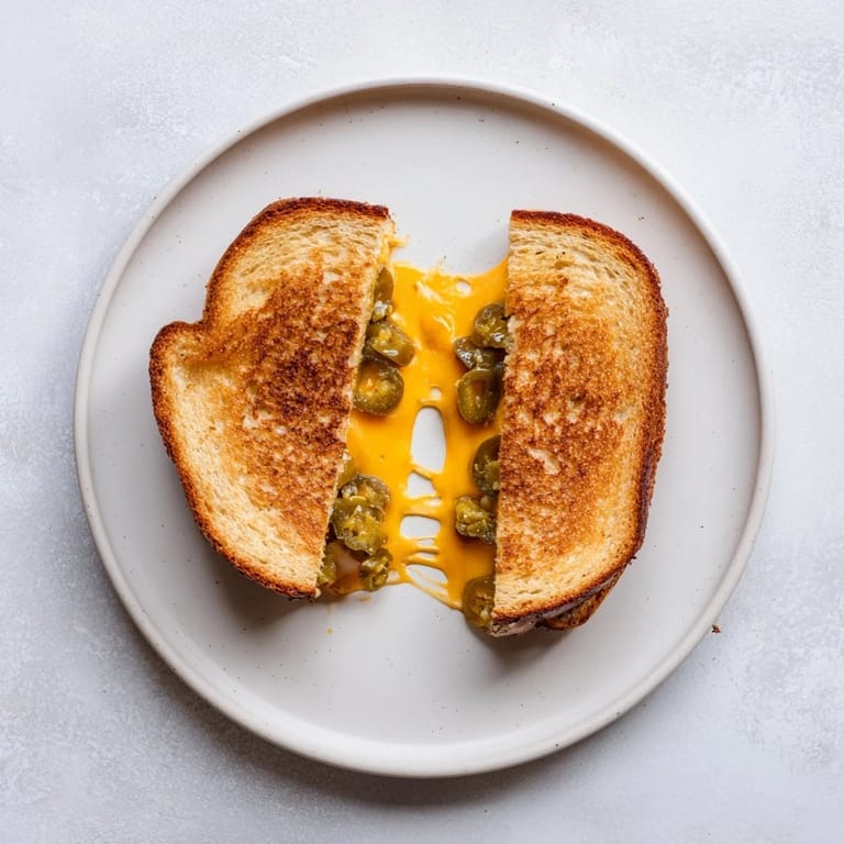 Sizzling jalapeño pepper jack grilled cheese in a skillet, with steam rising from crispy bread and spicy, melted cheese oozing out.  