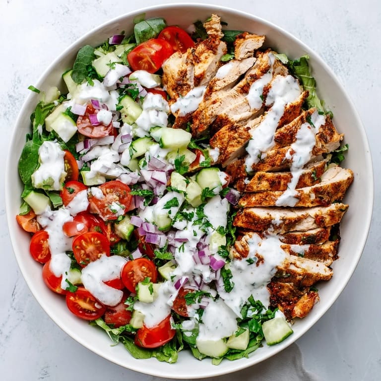 Colorful Chicken Shawarma Salad Bowl topped with diced cucumber and a creamy garlic yogurt drizzle.