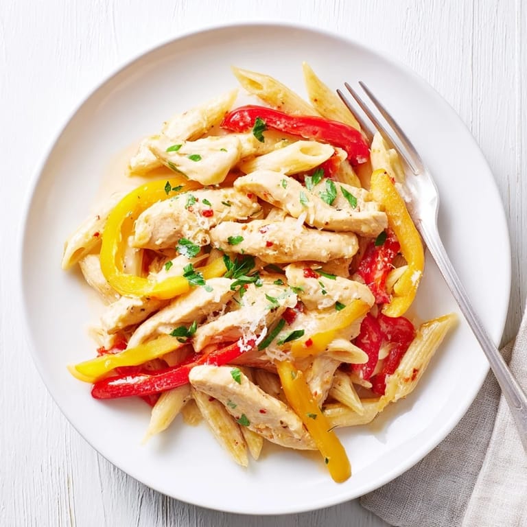 A close-up of Creamy Cajun Chicken Pasta Lite shows a creamy, spicy sauce coating whole wheat penne with tender chicken and fresh parsley garnish.