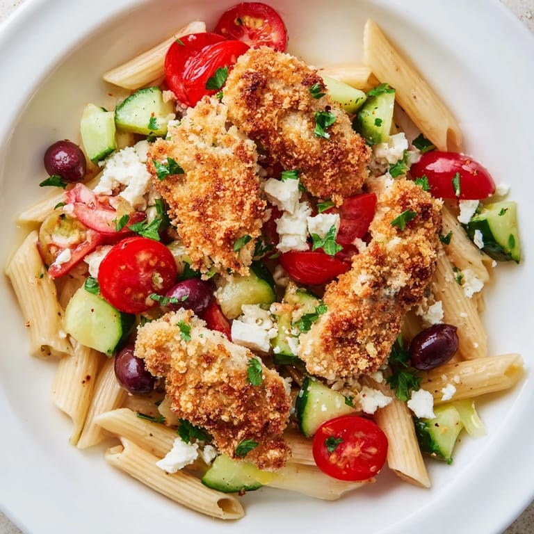 This vibrant Crispy Chicken Greek Pasta features tender short pasta, Kalamata olives, and a medley of fresh vegetables.  