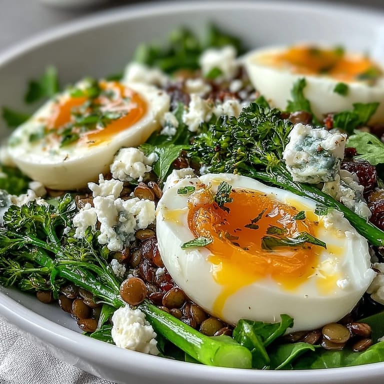 Close-up of French Lentil Salad With Broccolini and Soft-Cooked Eggs, drizzled with tangy Dijon vinaigrette and fresh parsley.