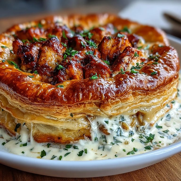 A close-up of the hearty Chicken and Leek Pie, featuring savory bacon and smoky herbs baked under a perfectly golden puff pastry lid.  