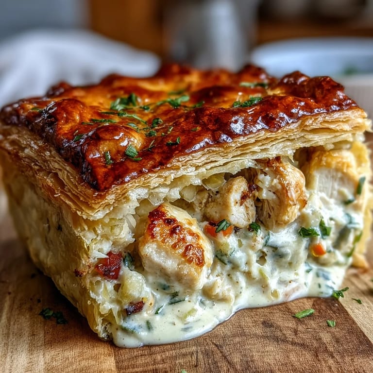 Serving slice of rustic Chicken and Leek Pie with creamy filling and vegetables, paired with a side of buttered green peas.