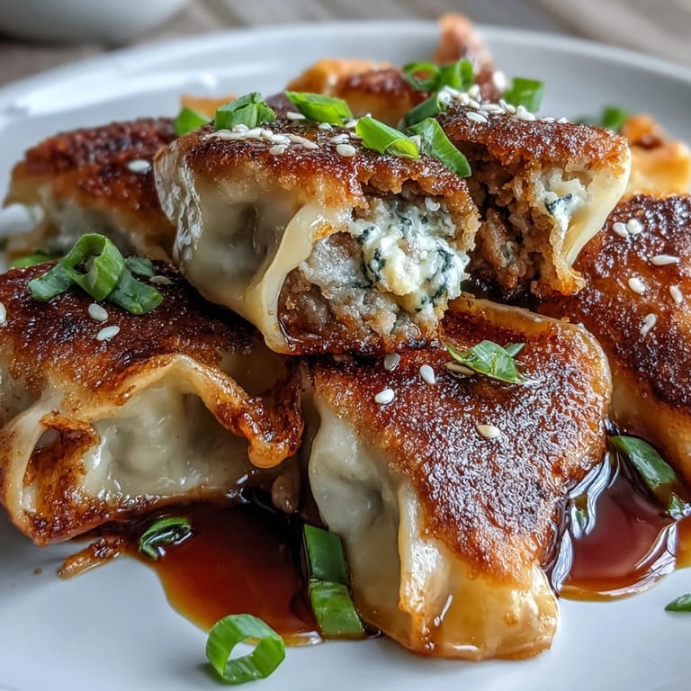 Golden brown, crispy Smashed Gyozas piled high, ready for dipping.