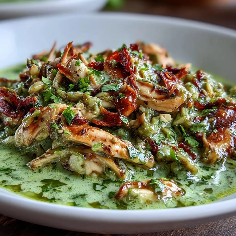Simmering chicken chili verde, featuring a bright, zesty green sauce topping tender meat.