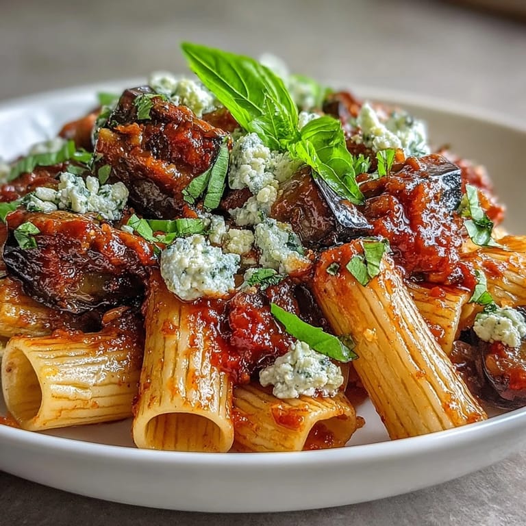 Fresh basil leaves garnish a steaming bowl of Pasta Alla Norma, ready to be paired with a crisp glass of white wine.