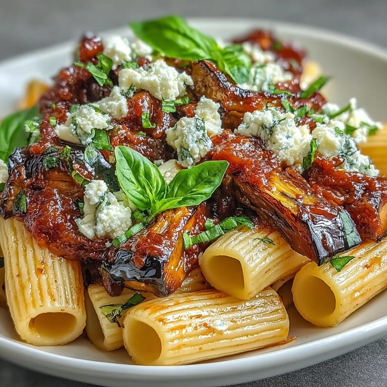 Sicilian-inspired Pasta Alla Norma features tender eggplant and aromatic tomato sauce, served with a generous dusting of salty ricotta salata.