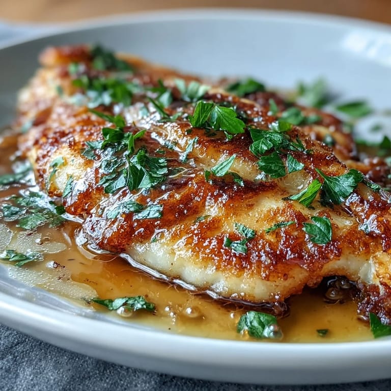 Pan-fried Flounder Meunière with a bright lemon butter sauce, ready to serve.