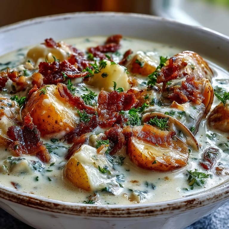 A hearty bowl of New England Clam Chowder served with oyster crackers, showcasing a thick, creamy broth filled with fresh clams and vegetables.