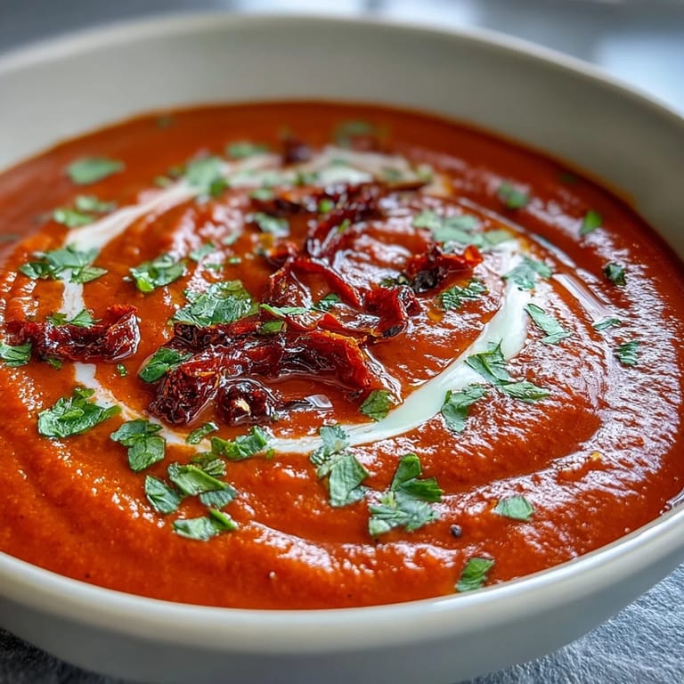 Vibrant roasted red pepper soup served with crusty bread for dipping on a cozy table.