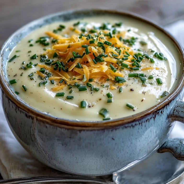 A spoon dives into creamy, velvety Cream of Potato Soup beside a piece of crusty bread.