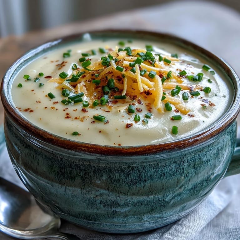 Smooth, buttery Cream of Potato Soup in a white bowl, topped with crispy bacon bits for texture.