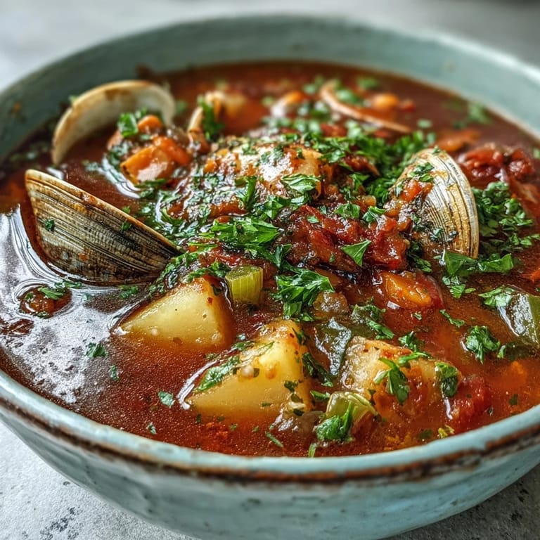 Freshly chopped parsley tops a pot of Manhattan Clam Chowder surrounded by oyster crackers and crusty sourdough bread slices.