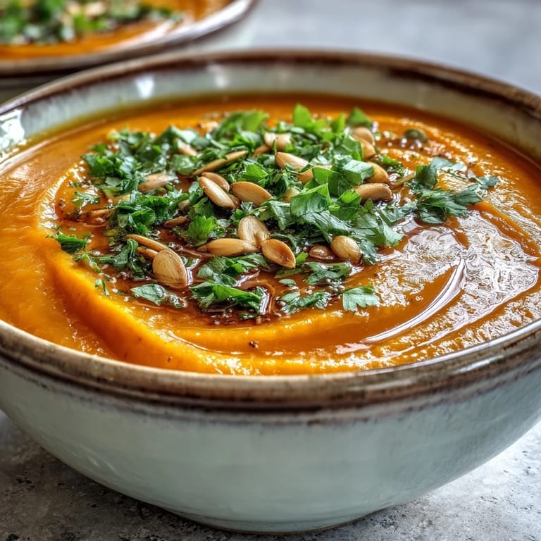 Creamy Carrot Ginger Soup topped with toasted pumpkin seeds and a lemon wedge on a rustic wooden table.
