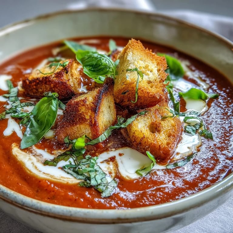 Vibrant Creamy Roasted Tomato Soup swirled with heavy cream, ready for a grilled cheese dip.