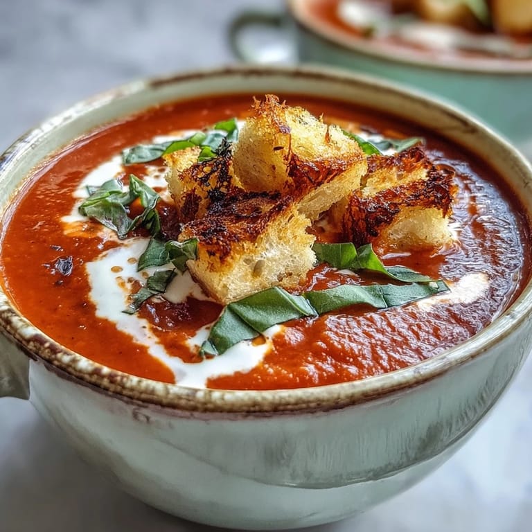 Close-up of velvety Creamy Roasted Tomato Soup garnished with herbs and olive oil croutons.