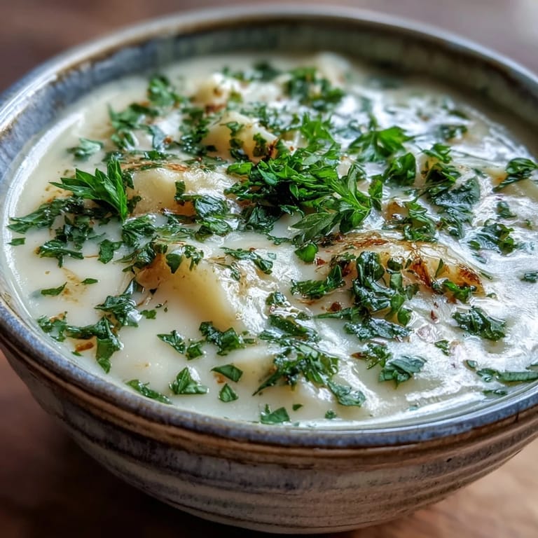 Homemade Potato Leek Soup blended smooth, with tender Yukon Gold potatoes and sweet leeks in a rustic bowl.
