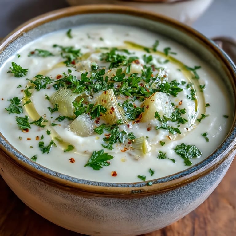 Hearty Potato Leek Soup topped with crispy bacon crumbles, adding savory contrast to the velvety, buttery base.
