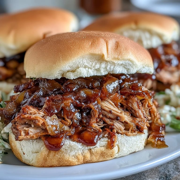 Savory shredded pork steeped in applesauce and spices, ready to be scooped onto a warm bun for dinner.