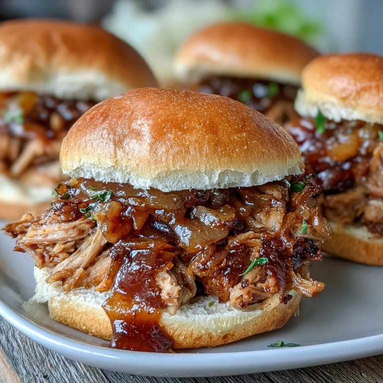 Juicy applesauce pulled pork sandwiches topped with crisp coleslaw and extra barbecue sauce, showcasing sweet and savory flavors.