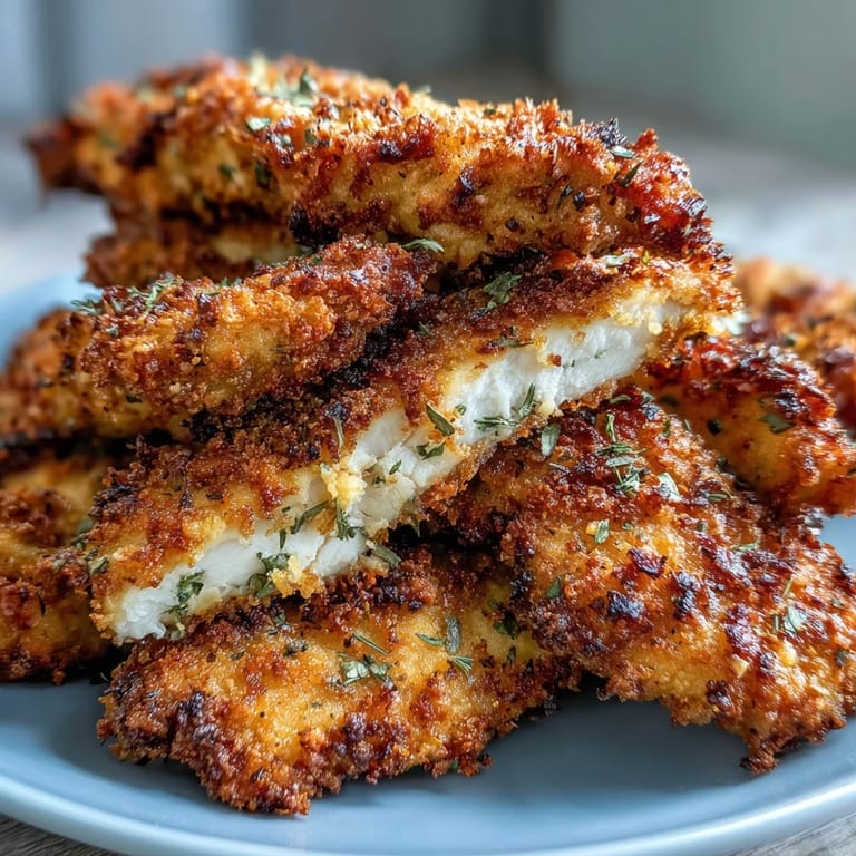 A serving platter of Air Fryer Chicken Strips, paired with colorful veggies and a creamy dipping sauce.