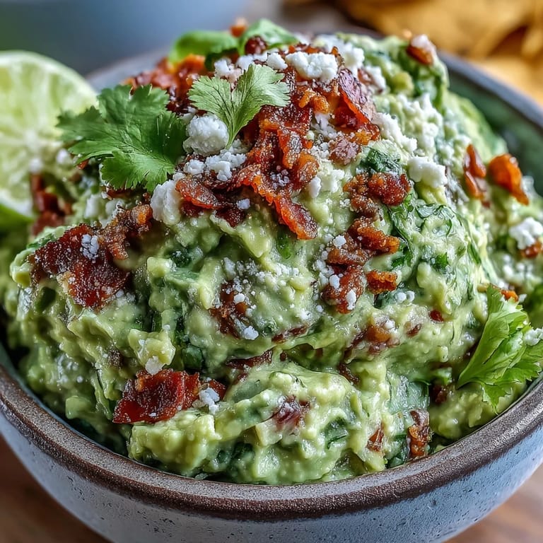 A bold, smoky Bacon Guacamole With Cotija Cheese garnished with extra bacon and Cotija, ideal for a party platter or game-day snack.