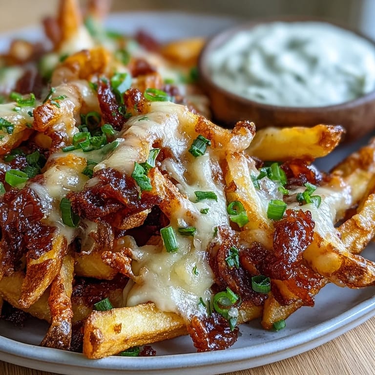 A close-up of crunchy Cheesy BBQ Fries with Ranch Dip featuring smoky seasoning, gooey cheddar, and a side of dip.
