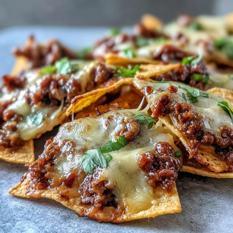 A close-up of a fork lifting a loaded chip, showing melted cheddar and Monterey Jack cheese clinging to the savory barbecue beef topping.
