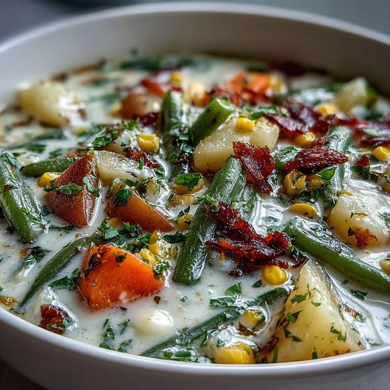 Warm, velvety Amish Snow Day Soup served with crusty bread for a comforting snowy day lunch.