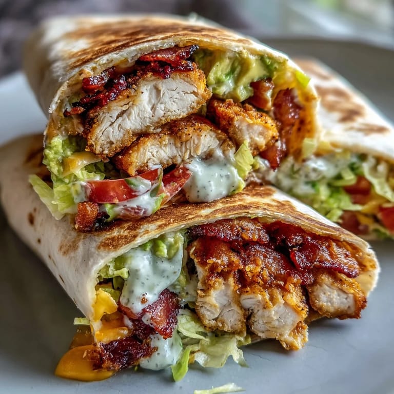 A golden-brown Crispy Chicken Bacon Wrap served warm with creamy avocado and tangy dipping sauce.