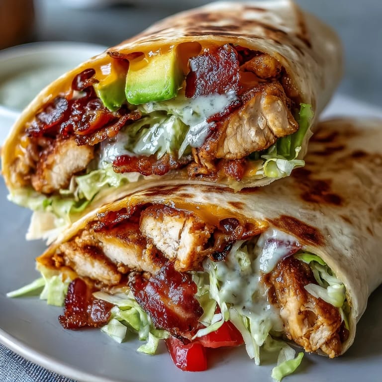 Close-up of a toasted Crispy Chicken Bacon Wrap with melted cheddar, bacon, and diced tomatoes.