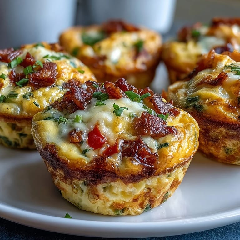 Savory Breakfast Egg Muffins filled with diced onions and bell peppers, topped with melted cheddar and bacon crumbles, ready for a quick breakfast.