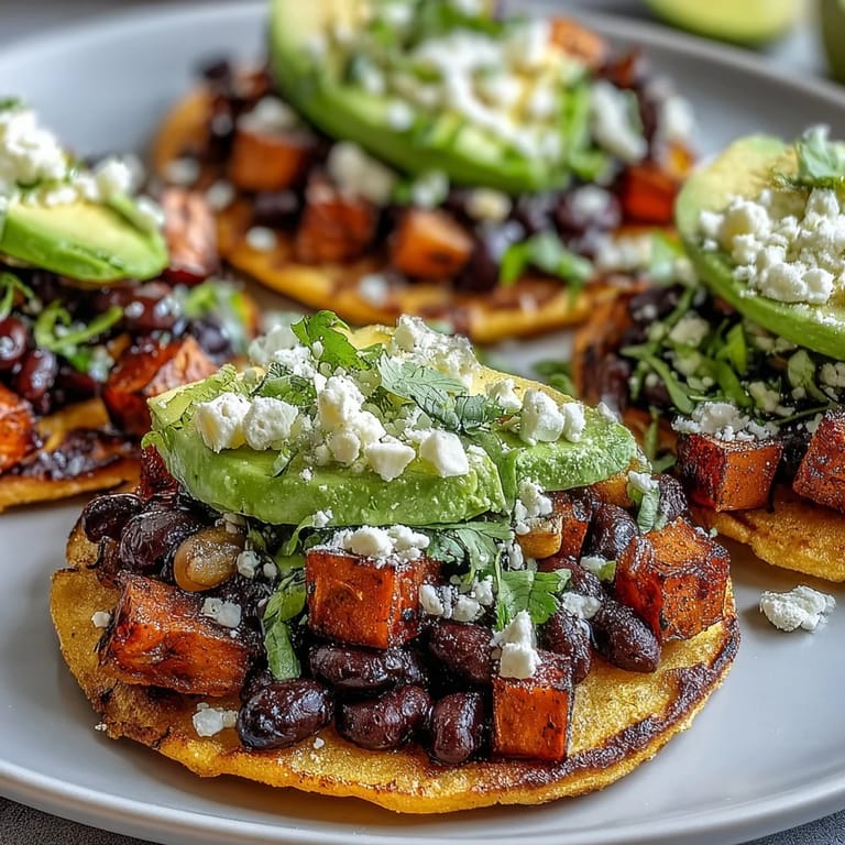 Vibrant Black Bean and Sweet Potato Tostadas with roasted sweet potatoes, creamy avocado, and fresh cilantro garnish.