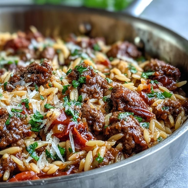 Ground beef, sweet bell peppers, and tender orzo pasta simmer in a rich tomato broth for this dish.