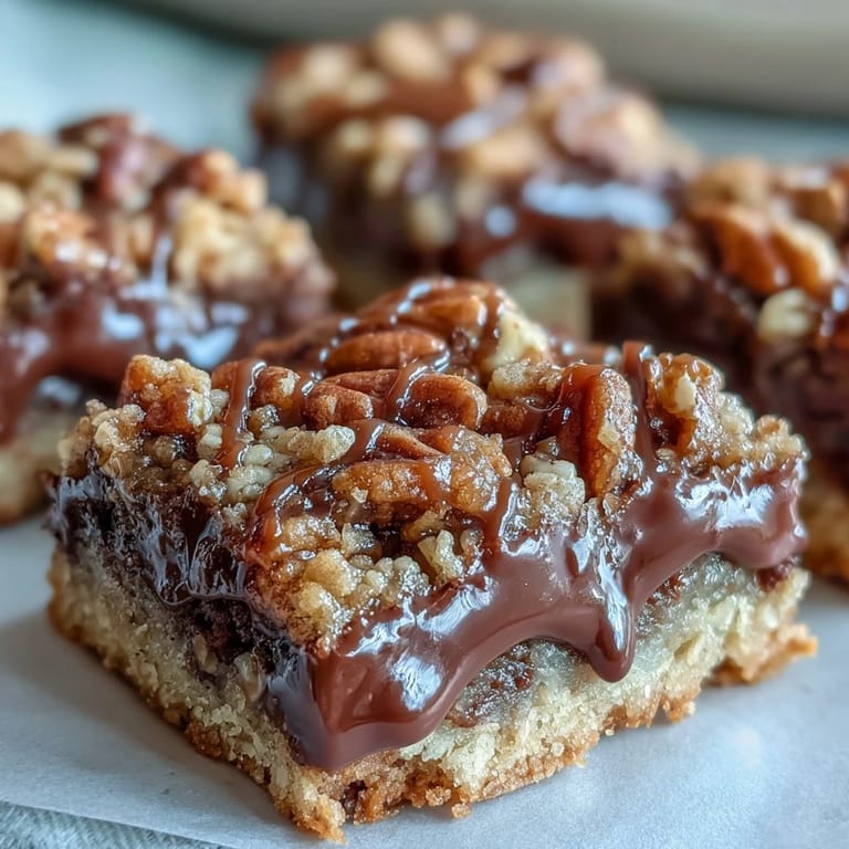 A square of Decadent Sweet and Chewy Turtle Bars with Chocolate and Caramel shows layered caramel, pecans, and chocolate on a plate.