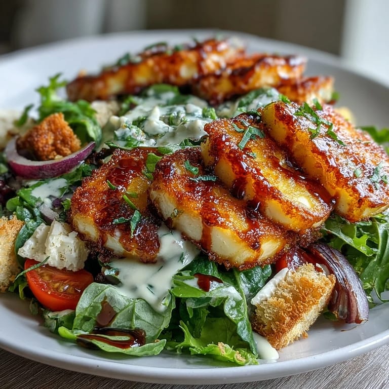A close-up view showcases the vibrant colors and textures of the Halloumi Blood Orange Fattoush, featuring toasted sourdough croutons and a zesty sumac dressing.  