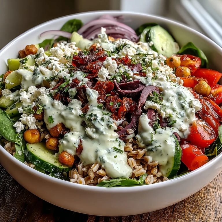 A hearty Mediterranean Farro Bowl tossed with spinach, bell peppers, olives, and red onion, finished with zesty lemon tahini and parsley garnish.