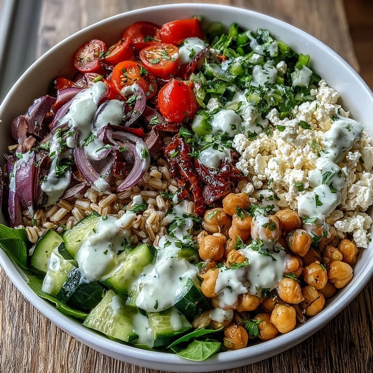 Mediterranean Farro Bowl served in a rustic bowl with a generous swirl of creamy tahini dressing, ready to enjoy with warm pita.