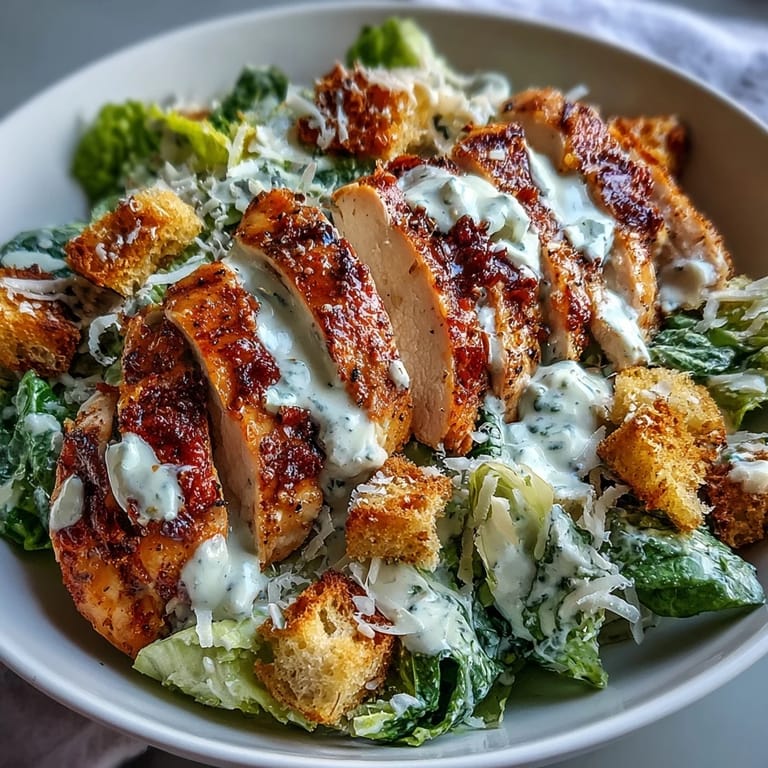 A close-up of the Caesar Chicken Bowl shows creamy Caesar dressing drizzled over tender chicken and fresh lettuce, perfect for lunch.  