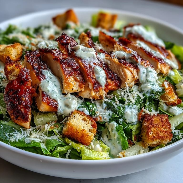 Freshly grated parmesan and golden croutons garnish this hearty Caesar Chicken Bowl, served in a white ceramic bowl for a clean look.