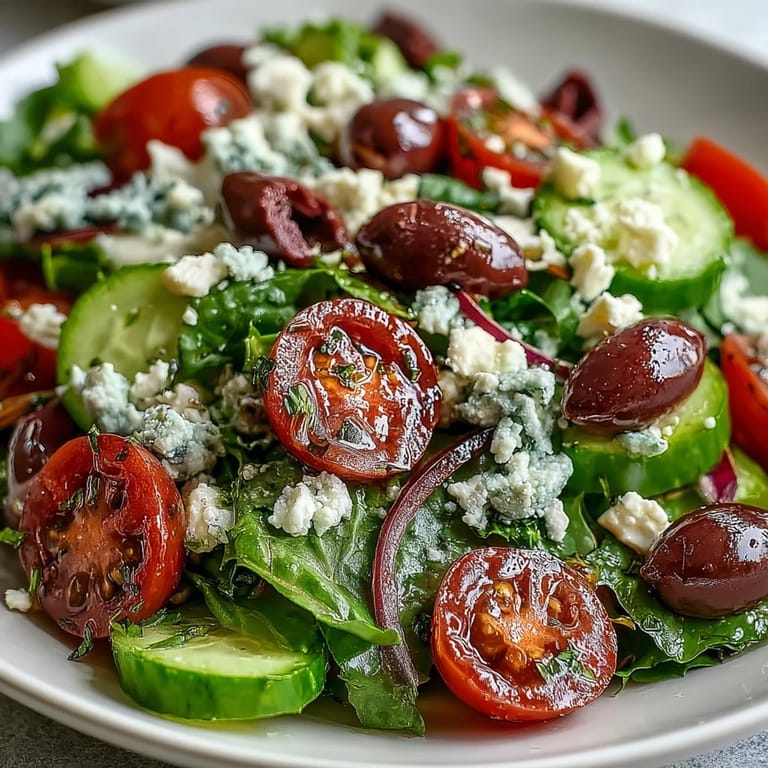 Tossed Mediterranean Green Salad Bowl featuring crunchy cucumbers, briny olives, and creamy feta, ready to enjoy.