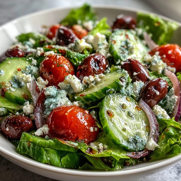 Freshly prepared Mediterranean Green Salad Bowl with tangy Greek dressing, red onion slices, and spring greens, served as a light meal.