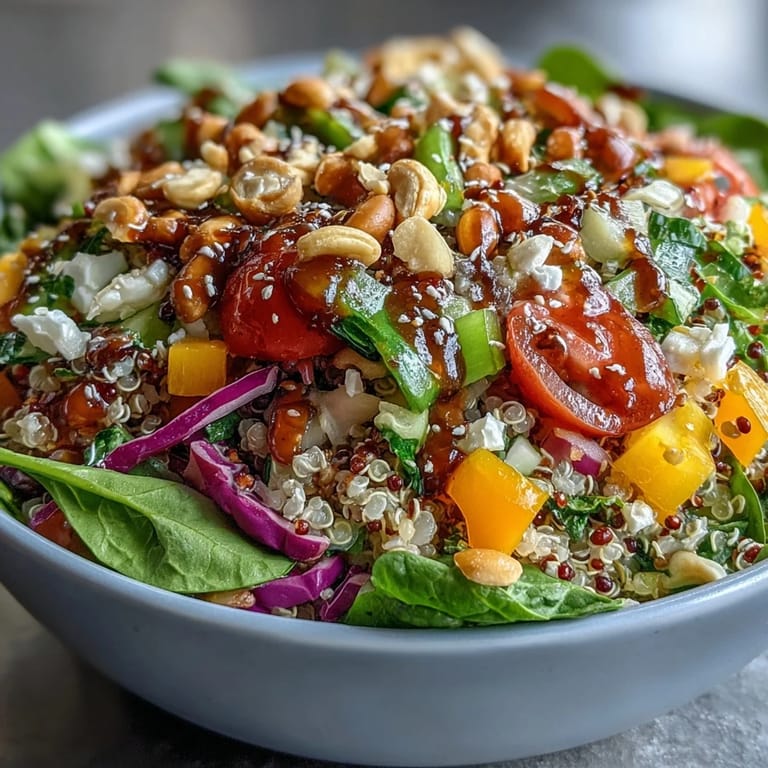 A close-up of the Rainbow Salad Bowl topped with crunchy cashews, pumpkin seeds, and a light zesty lemon dressing.  