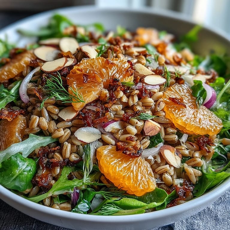 An overhead view of a Farro Salad Bowl with Fennel, Oranges & Almonds tossed in a zesty vinaigrette, ideal for meal prep.