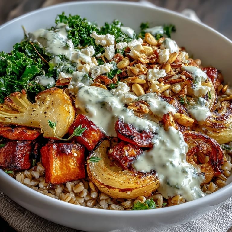 The Hearty Winter Grain Bowl features sautéed garlic kale, fluffy quinoa or farro, and golden root vegetables, garnished with pumpkin seeds and feta for a cozy, nourishing meal.