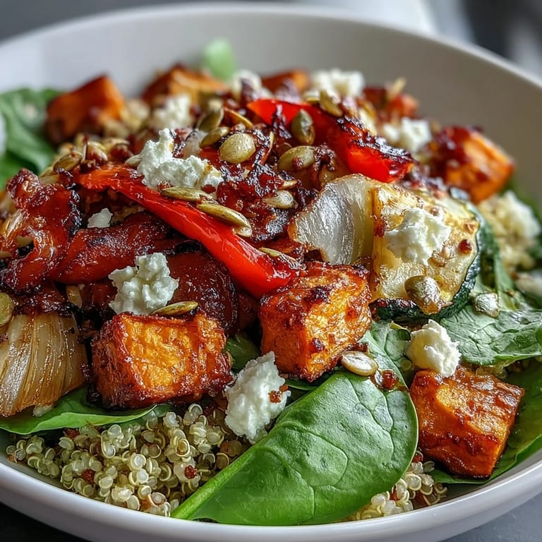 Close-up of a colorful Warm Salad Bowl, showcasing zucchini, bell pepper, and toasted pumpkin seeds over a bed of wholesome greens.