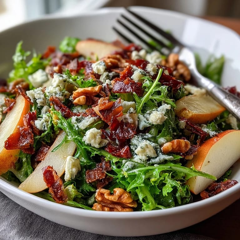 Ripe pear wedges and tangy blue cheese crumbles top a bed of frisée greens with crispy prosciutto and walnuts.