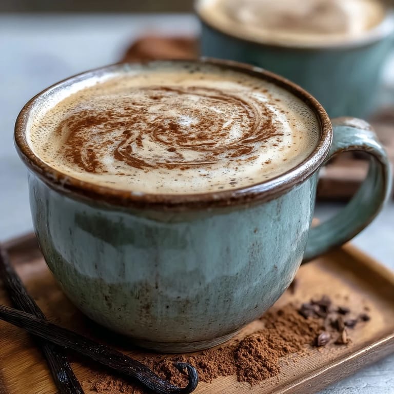 Frothy vegan Hojicha Latte with Vanilla Extract poured in a cozy kitchen setting, topped with delicate foam.