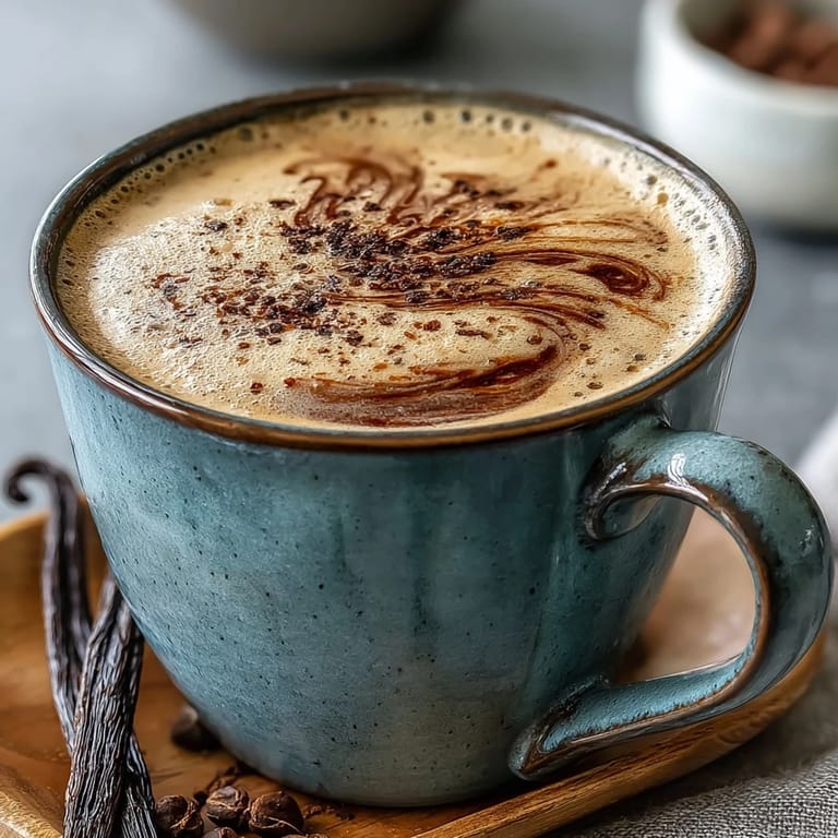 Ready to serve Hojicha Latte with Vanilla Extract paired with a rustic wooden spoon and maple syrup.